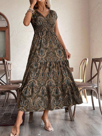 Vacation Leisure Full Allover Print High Waist Multi-Layered Spliced Dress