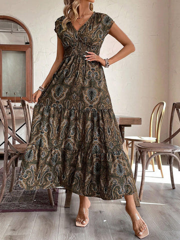 Vacation Leisure Full Allover Print High Waist Multi-Layered Spliced Dress