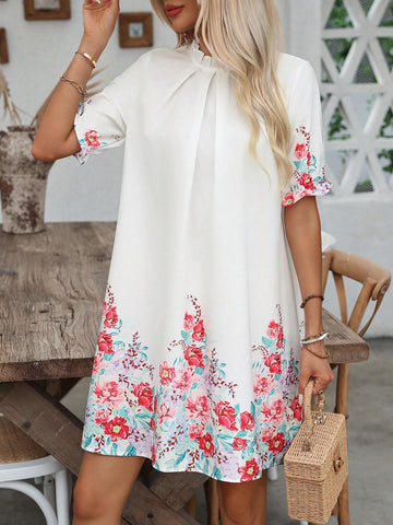 Vacation Style Floral Print Ruffle Sleeve Dress