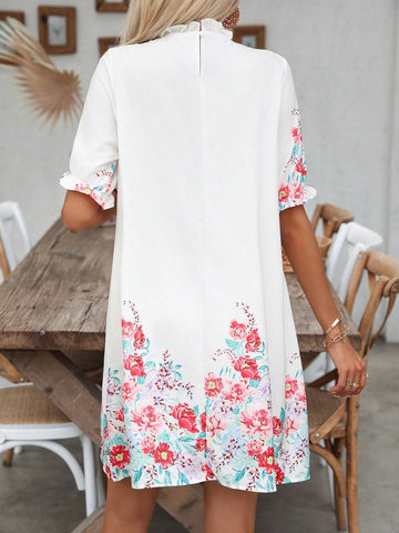 Vacation Style Floral Print Ruffle Sleeve Dress