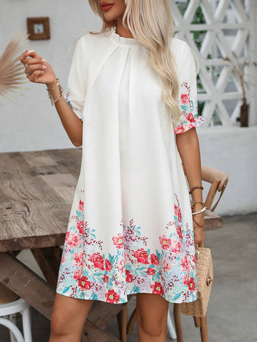 Vacation Style Floral Print Ruffle Sleeve Dress