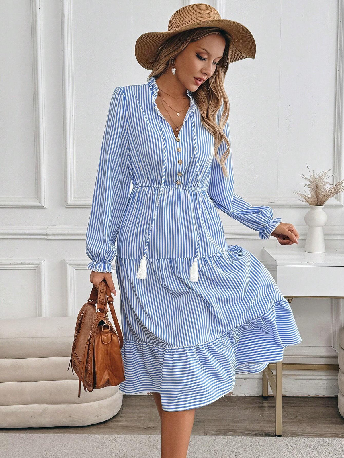 Vacation Style Striped Lantern Sleeve Dress