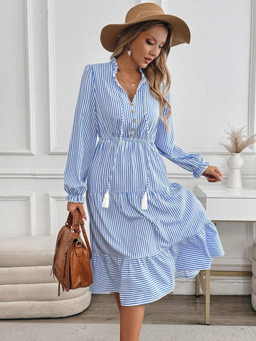 Vacation Style Striped Lantern Sleeve Dress