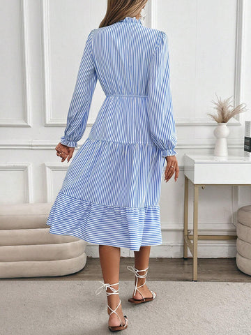 Vacation Style Striped Lantern Sleeve Dress