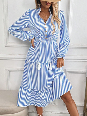 Vacation Style Striped Lantern Sleeve Dress