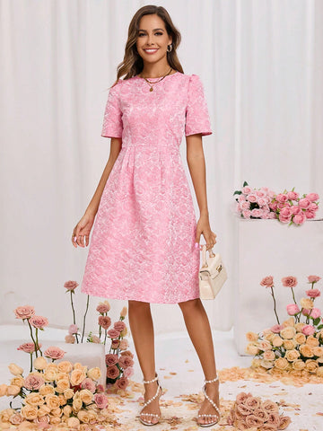 Valentine's Day Ladies Jacquard Short Puff Sleeve Dress In Jacquard
