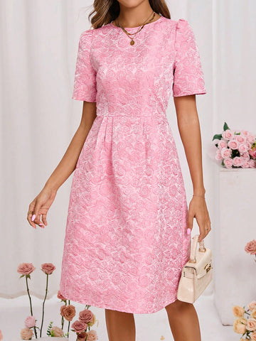 Valentine's Day Ladies Jacquard Short Puff Sleeve Dress In Jacquard