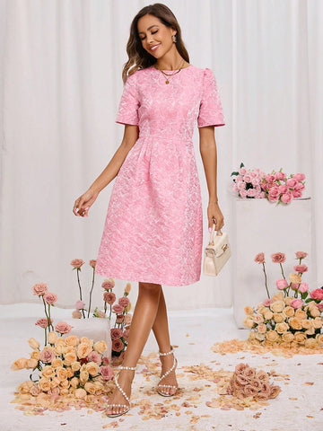 Valentine's Day Ladies Jacquard Short Puff Sleeve Dress In Jacquard