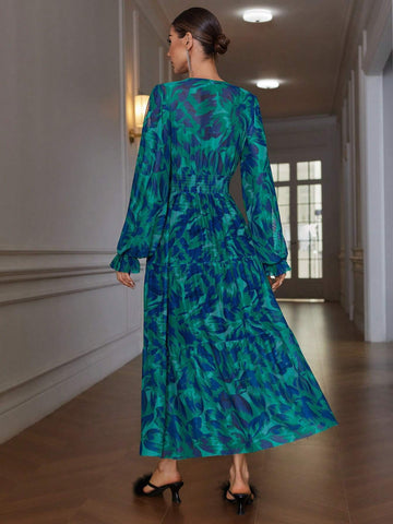 Vintage Elegant Shirred Random Floral Print Cinched Waist Design Slimming Long Sleeve Dress,