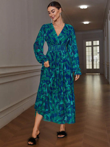Vintage Elegant Shirred Random Floral Print Cinched Waist Design Slimming Long Sleeve Dress,