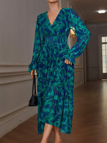 Vintage Elegant Shirred Random Floral Print Cinched Waist Design Slimming Long Sleeve Dress,