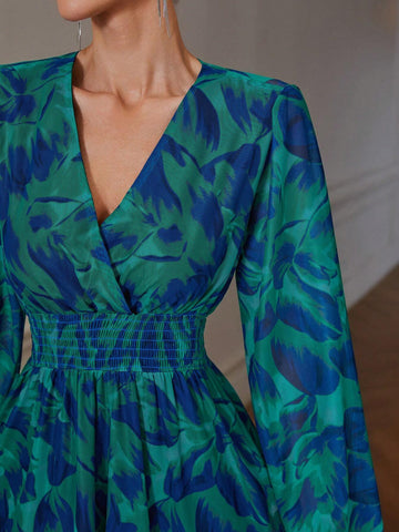 Vintage Elegant Shirred Random Floral Print Cinched Waist Design Slimming Long Sleeve Dress,
