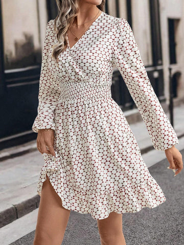 Vintage Geometric Print Overlap Collar Ruffle Hem Waist Defined Women Dress