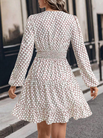 Vintage Geometric Print Overlap Collar Ruffle Hem Waist Defined Women Dress