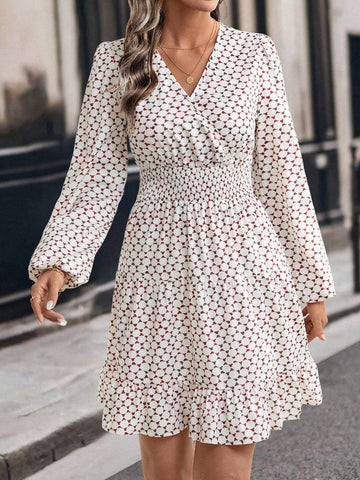 Vintage Geometric Print Overlap Collar Ruffle Hem Waist Defined Women Dress