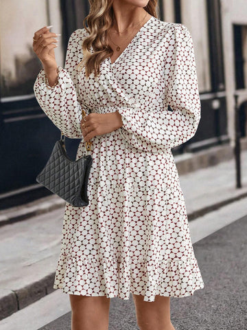 Vintage Geometric Print Overlap Collar Ruffle Hem Waist Defined Women Dress