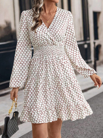 Vintage Geometric Print Overlap Collar Ruffle Hem Waist Defined Women Dress