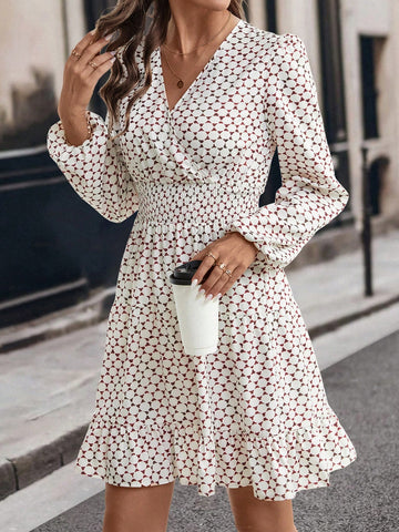 Vintage Geometric Print Overlap Collar Ruffle Hem Waist Defined Women Dress