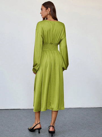 Waist Pleated + Textured Solid Color Elegant Long Sleeve Dress