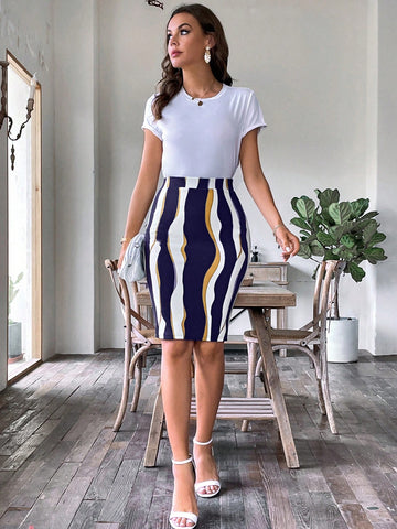 Clasi Wave Striped Print Pencil Skirt