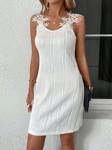 White Spaghetti Strap Dress With Texture And Patchwork Soluble Lace