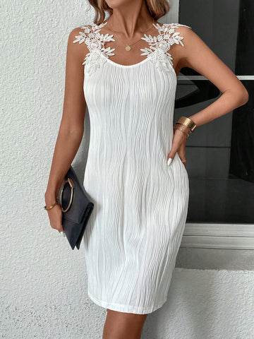 White Spaghetti Strap Dress With Texture And Patchwork Soluble Lace