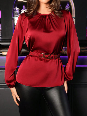 Clasi Winter Elegant Women's Long Sleeved Wine Red Pleated Metal Accessory Decorative Waistband With Waist Cinching A Hem Blouse