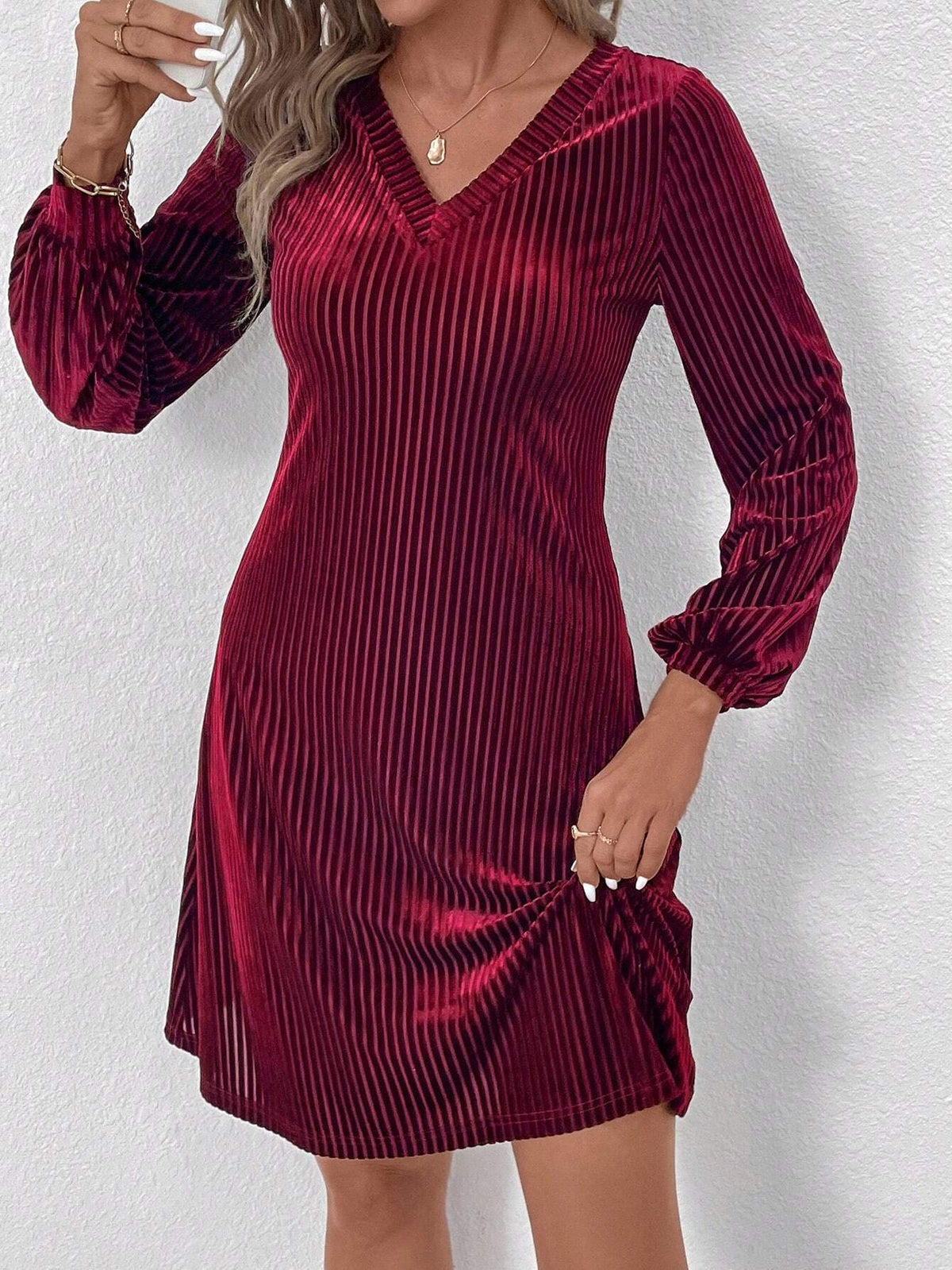 Winter Elegant Women's Long Sleeved Wine Red Velvet Stripes V Neck Knit Dress