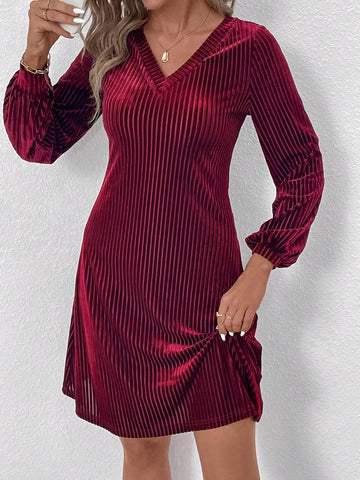 Winter Elegant Women's Long Sleeved Wine Red Velvet Stripes V Neck Knit Dress