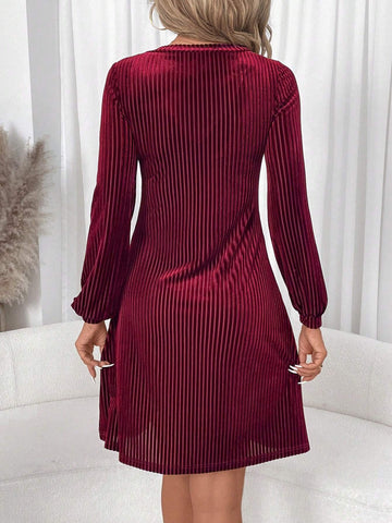 Winter Elegant Women's Long Sleeved Wine Red Velvet Stripes V Neck Knit Dress