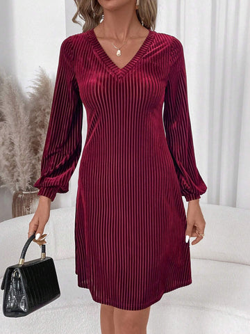 Winter Elegant Women's Long Sleeved Wine Red Velvet Stripes V Neck Knit Dress