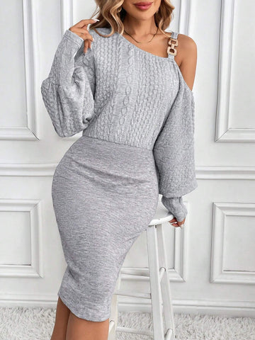 Winter Women's Elegant Long Sleeve Knitted Jacquard Splicing Solid Color Metal Accessories Splicing