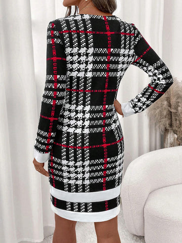 Winter Women's Elegant Long Sleeved Red&Black&White Checkered Patchwork White Slim Fit Dress, Suitable For Daily And Christmas Wear