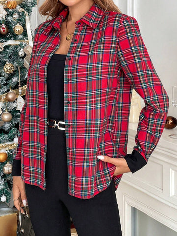 Clasi Winter Women's Elegant Red&Green Long Sleeved Checkered Shirts,