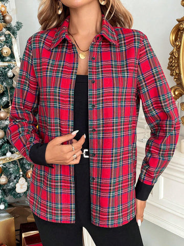 Clasi Winter Women's Elegant Red&Green Long Sleeved Checkered Shirts,