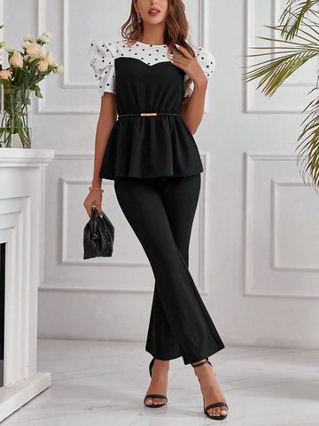 Women'S Color Block Polka Dot Puff Sleeve Peplum Top & Flare Leg Pants Two Piece Set
