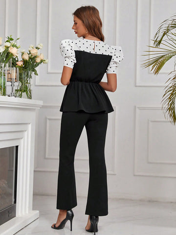 Women'S Color Block Polka Dot Puff Sleeve Peplum Top & Flare Leg Pants Two Piece Set
