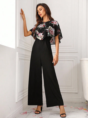 Women'S Floral Patchwork Printed Wide Leg Jumpsuit