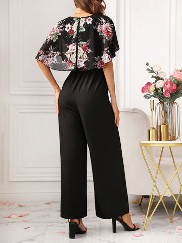 Women'S Floral Patchwork Printed Wide Leg Jumpsuit