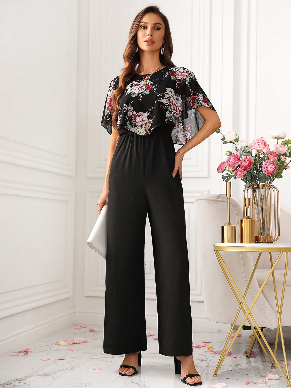 Women'S Floral Patchwork Printed Wide Leg Jumpsuit