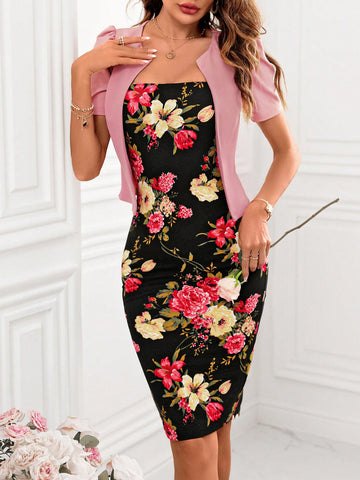 Women'S Floral Print Slim Fit Spaghetti Strap Dress With Solid Color Top Two Piece Set