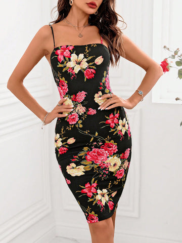 Women'S Floral Print Slim Fit Spaghetti Strap Dress With Solid Color Top Two Piece Set