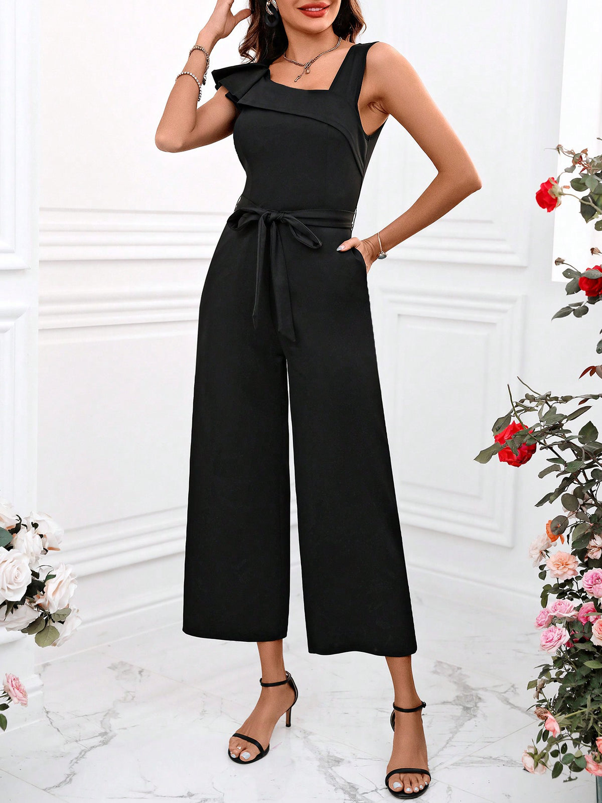 Women'S Irregular Shoulder Belted Spring Jumpsuit