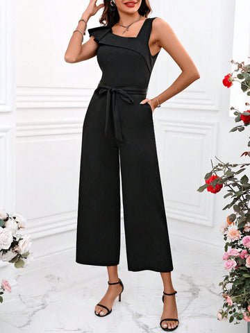 Women'S Irregular Shoulder Belted Spring Jumpsuit