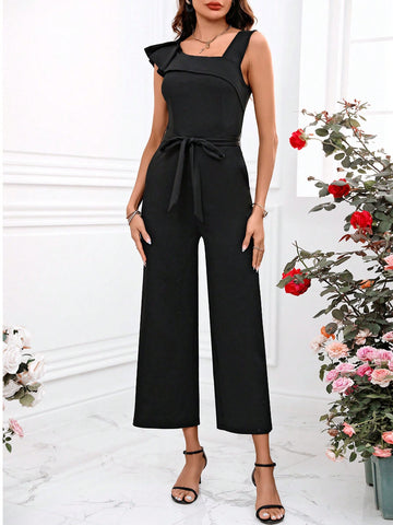 Women'S Irregular Shoulder Belted Spring Jumpsuit