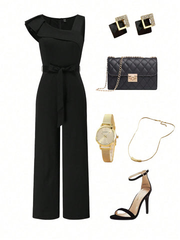 Women'S Irregular Shoulder Belted Spring Jumpsuit