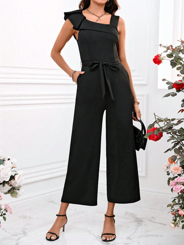 Women'S Irregular Shoulder Belted Spring Jumpsuit