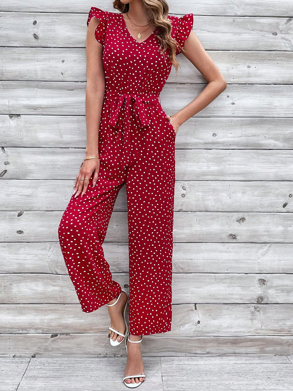 Women'S Jumpsuit With Ruffle Hem And Decorative Belt