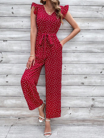Women'S Jumpsuit With Ruffle Hem And Decorative Belt
