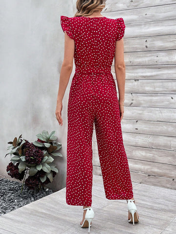 Women'S Jumpsuit With Ruffle Hem And Decorative Belt